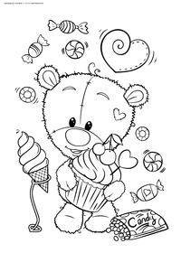 Мишка со сладостями - скачать и распечатать раскраску. Раскраска мишка, медвежонок, конфеты