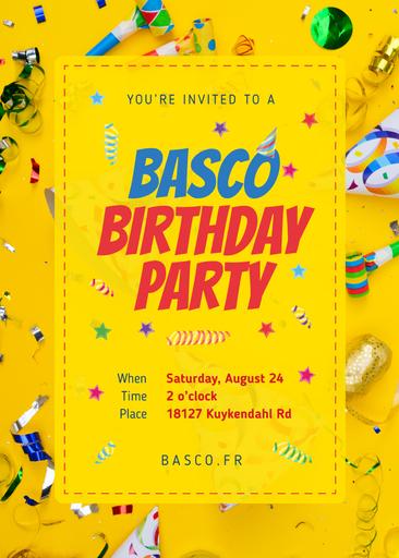 Birthday Party Invitation Confetti And Ribbons In Yellow 