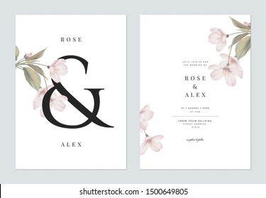 Floral wedding invitation card template design, Somei Yoshino sakura flowers with leaves with ampersand lettering on white, pastel vintage theme