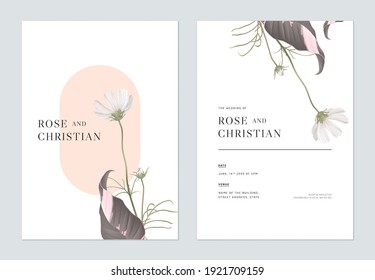 Floral wedding invitation card template design, white cosmos flowers with leaves