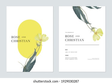 Floral wedding invitation card template design, yellow cosmos flowers with leaves