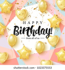 С Днем Рождения типографический дизайн для поздравительной открытки, плаката или баннера с реалистичными золотыми шарами и падающими конфетти. Векторная иллюстрация