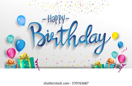 Векторный дизайн с Днем Рождения для поздравительных открыток и плаката с воздушным шаром, конфетти и подарочной коробке, шаблон дизайна для празднования дня рождения.