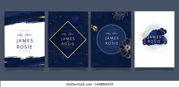 Indigo Blue Set Card Wedding Invitation, floral invite thank you, rsvp modern card Design in Golden flower with leaf greenery branches decorative Vector elegant rustic template
