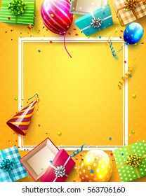 Роскошные воздушные шары, конфетти и подарочные коробки на оранжевом фоне. Вечеринка или день рождения шаблон с местом для вашего сообщения