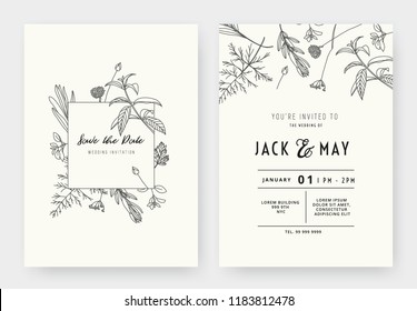 Минималистский дизайн свадебного приглашения карты, цветочные чернила чернила линии рисования с квадратной рамкой на светло-серый
