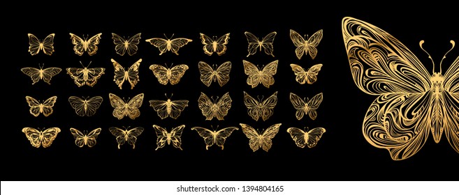 Set of gold butterflies, ink silhouettes. Glowworms, fireflies and butterflies icons isolated on white background. Hand drawn elements, Vector illustration.