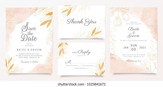 Watercolor creamy wedding invitation card template set with golden floral decoration. Abstract glitter background save the date, invitation, greeting card, multi-purpose vector