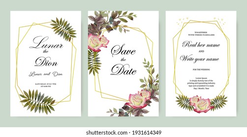 Wedding invitation vintage frame set roses, leaves, watercolor, isolated on white. Vector illustration floral and herbs hand drawn watercolor paintings style