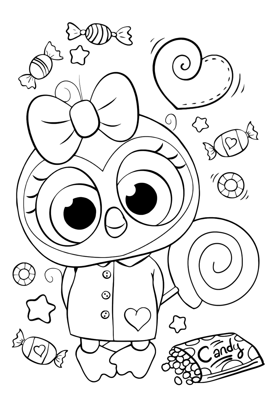 Раскраски для девочек «Милашки» Совушка с конфетами, чтобы бесплатно распечатать в хорошем качестве А4