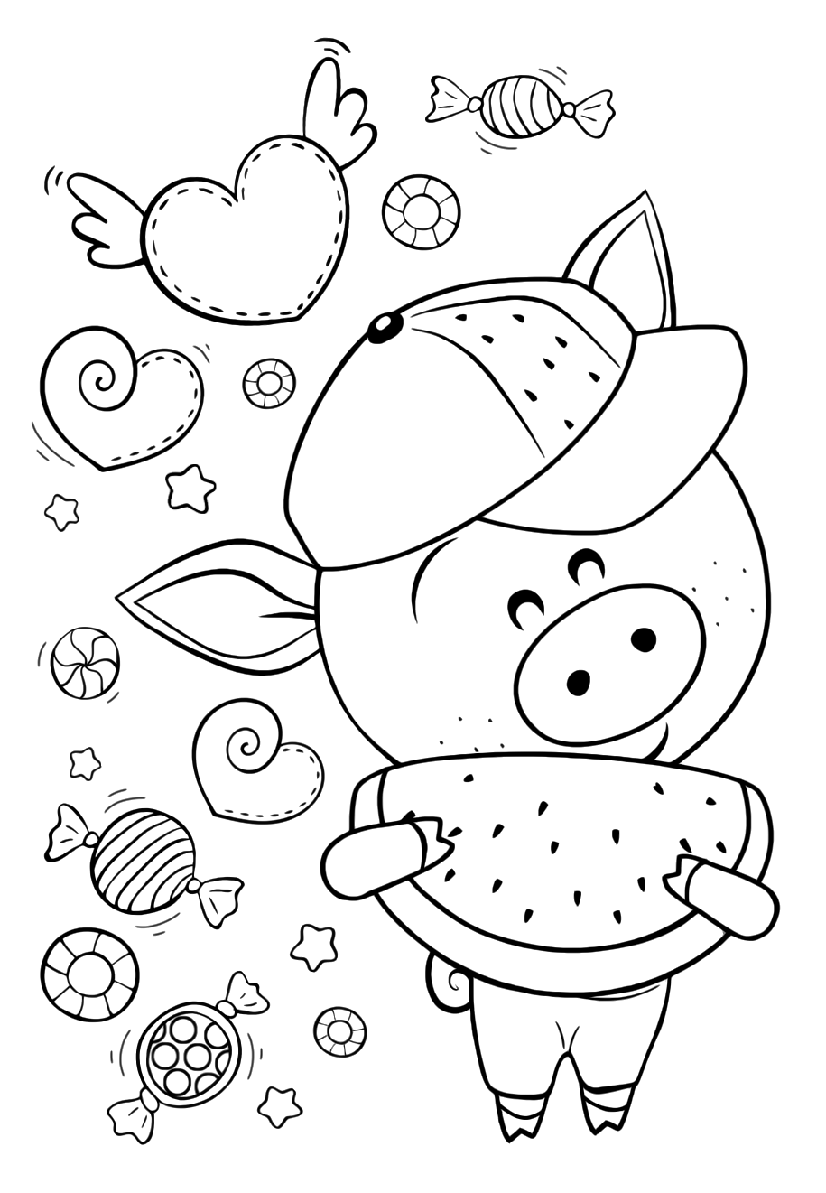 Раскраски для девочек «Милашки» Свинка с вкусняшками, чтобы бесплатно распечатать в хорошем качестве А4