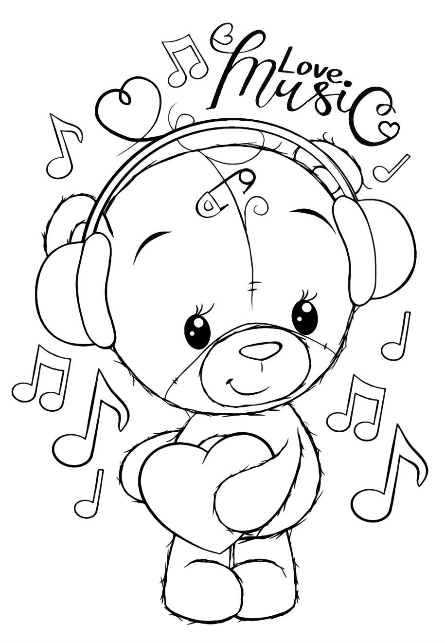 Раскраски для девочек «Милашки» Мишка Тедди любит музыку, чтобы бесплатно распечатать в хорошем качестве А4