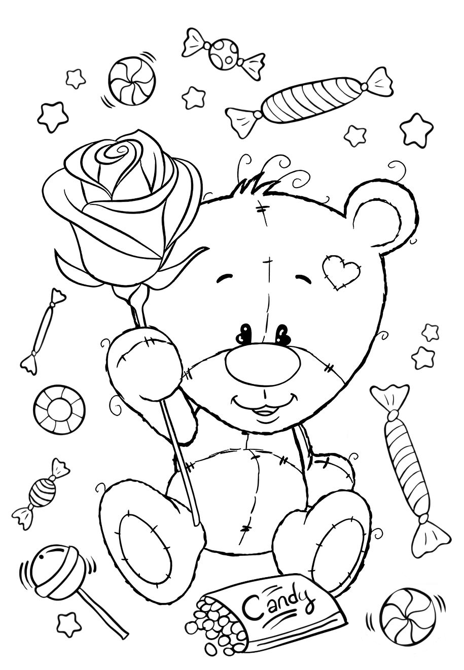 Раскраски для девочек «Милашки» Мишка Тедди с розой, чтобы бесплатно распечатать в хорошем качестве А4
