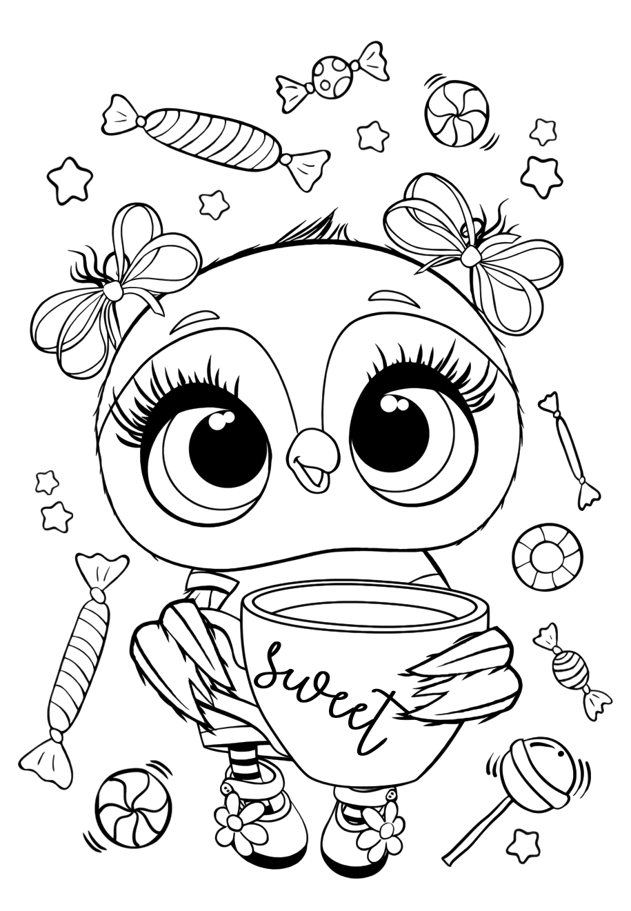 Раскраски для девочек «Милашки» Милая сова со сладостями, чтобы бесплатно распечатать в хорошем качестве А4