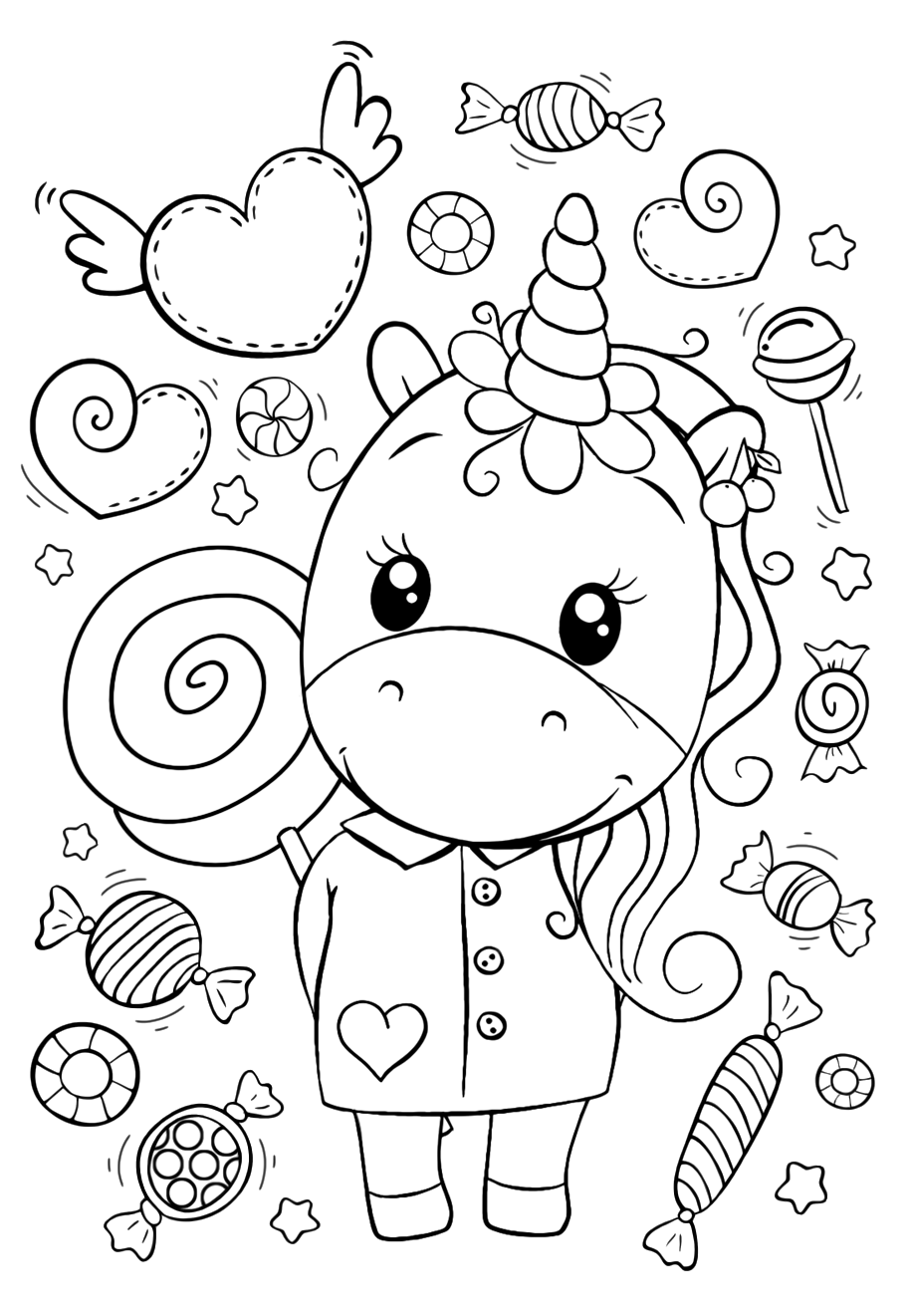 Раскраски для девочек «Милашки» Единорог и много сладостей, чтобы бесплатно распечатать в хорошем качестве А4