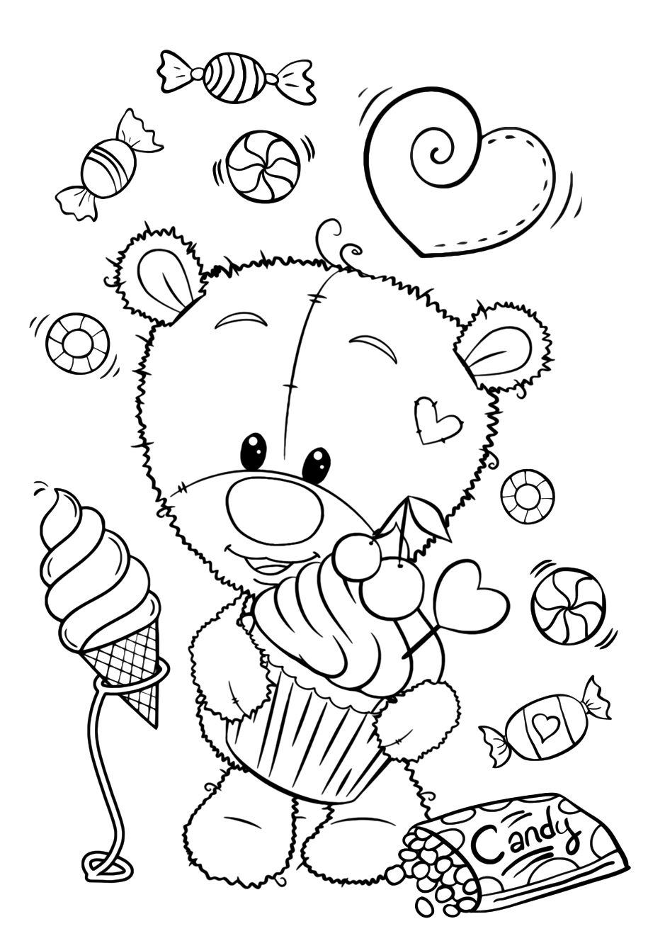 Раскраски для девочек «Милашки» Мишка Тедди со сладостями, чтобы бесплатно распечатать в хорошем качестве А4