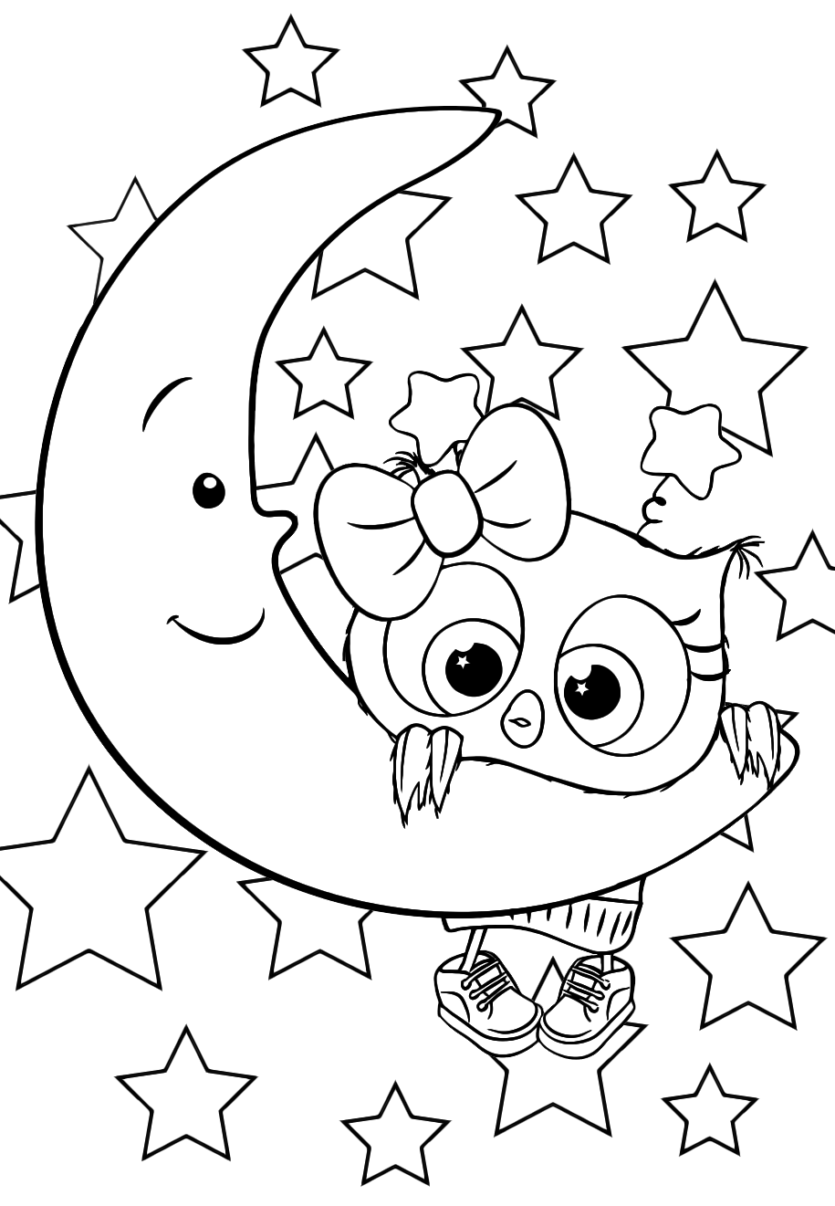 Раскраска для девочек Сова на луне, чтобы распечатать