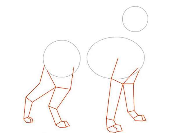 Как нарисовать мультяшную взрослую собаку - Нарисуйте ноги собаки, выходящие из овала и большего круга.