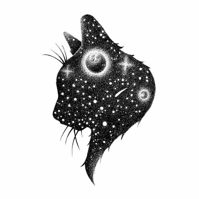 эскиз для тату чб космическая кошка