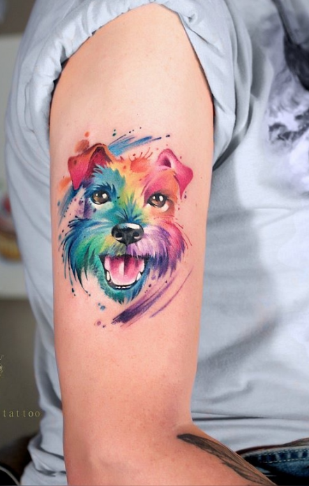 акварельная татуировка на плече, тату собака