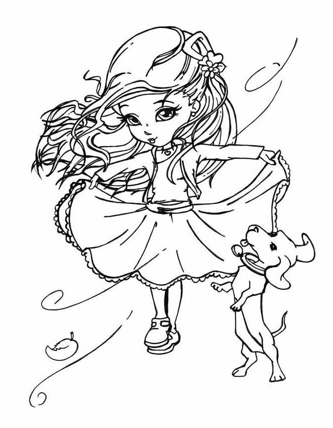 Раскраска «Девочка с собачкой», чтобы распечатать в хорошем качестве А4 для девочек